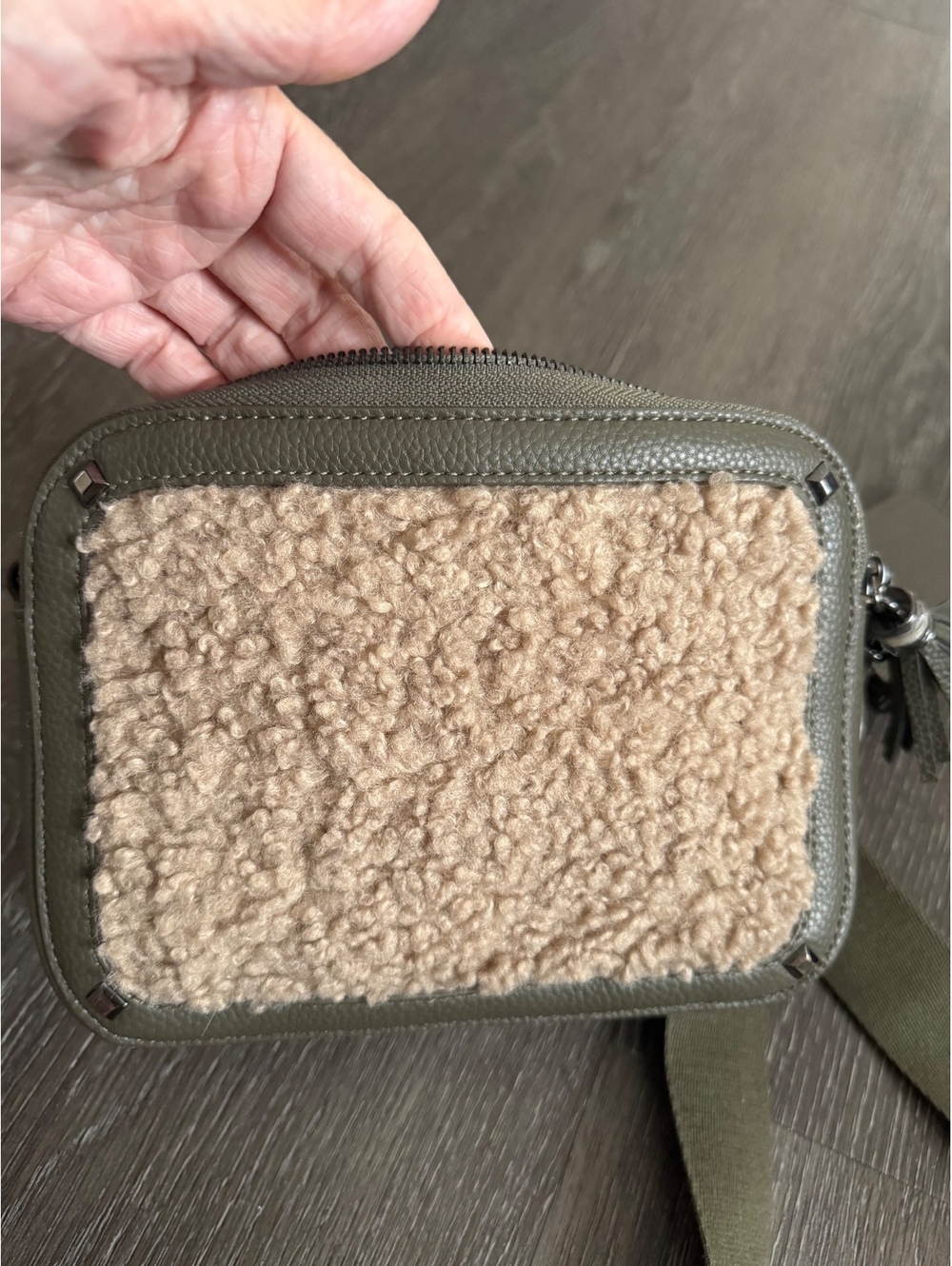 Olive Green foux Leather and Shearling Crossbody Bag